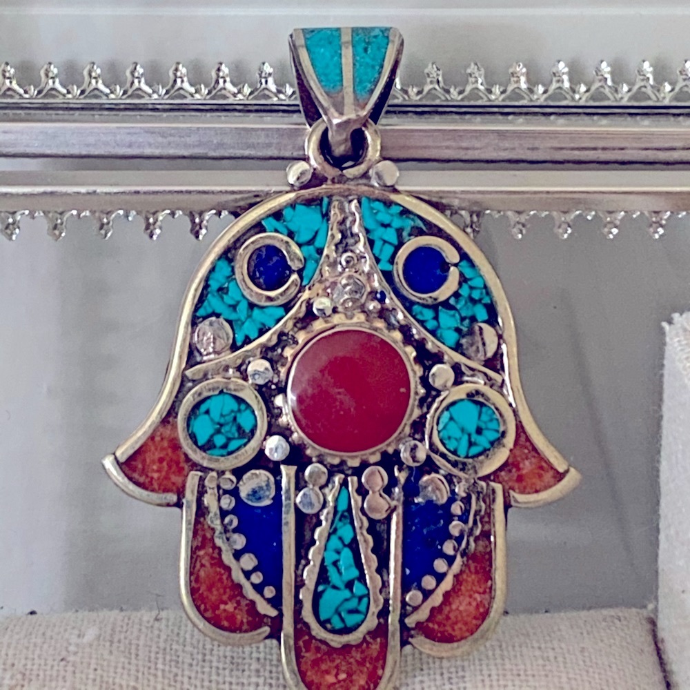 Hamsa Semi-Precious Stone, Extra Large  Pendant.